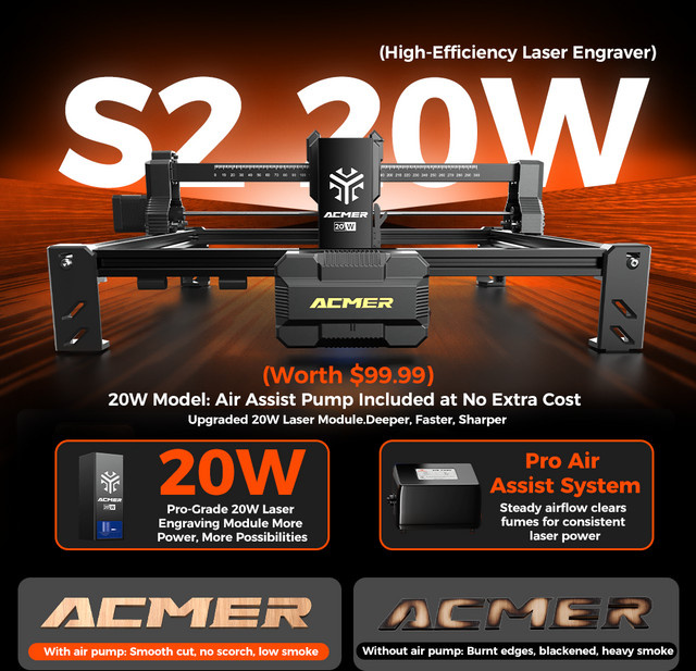 Acmer S2 20W Lasergraviergerät CNC-Maschine mit 300x300 mm Arbeitsbereich in Schwarz für Holz, Leder und Geschenkherstellung - Bild 1