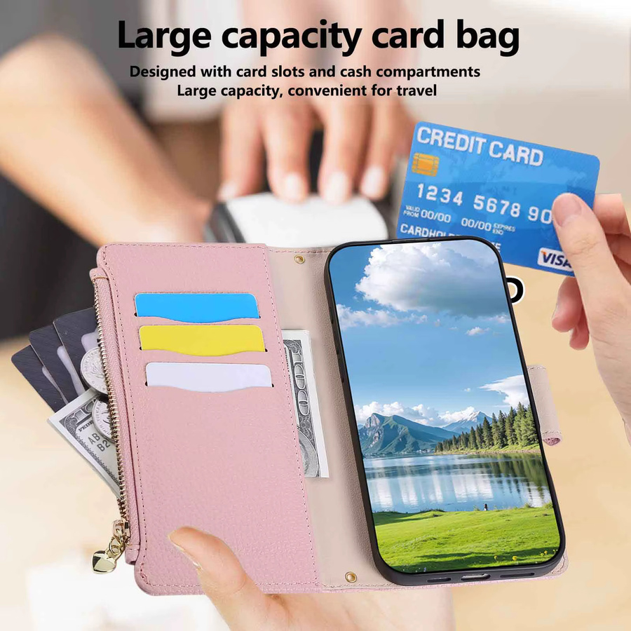 KELAPA Umhängetasche Handyhülle mit Lederarmband und Kartenfächern für iPhone, erhältlich in Beige und Pink - Bild 2