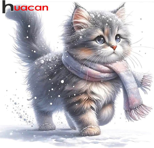 Huacan Katze Schnee Landschaft, Diamantgemälde, Bastelset - Bild 1