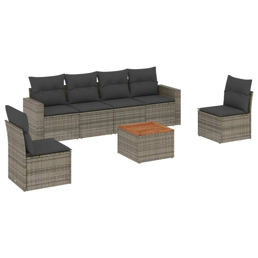 vidaXL 7-tlg Garten-Sofagarnitur aus Poly Rattan und Akazienholz in Grau mit Kissen - Bild 2