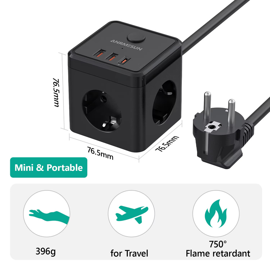 ANRMESUN 6-in-1 Steckdosenleiste in Schwarz mit 2m Verlängerungskabel, 3 AC-Steckplätze, 2 USB-Anschlüsse, 1 USB-C Anschluss mit PD 20W Schnellladung, max. 3680W (16A) - Bild 2