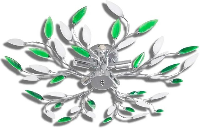 vidaXL Deckenlampe mit grünen und weißen Blätterranken aus Acryl und Metallrahmen, Farbe: Grün, Weiß, Silber, Fassung: 5x E14 - Bild 1
