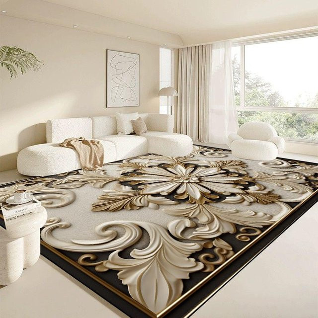 Luxuriöser Flanell Teppich von JGJG in Weiß und Gold mit Blumenmuster, rutschfest und waschbar, Rechteck, Breite: 200 cm, Tiefe: 300 cm - Bild 1