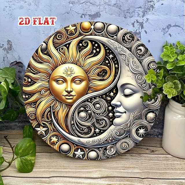 Potdemiel Yin Yang Mond Aluminiumschild als runde Metall Wanddekoration im Boho Stil, Durchmesser: 20 cm - Bild 1