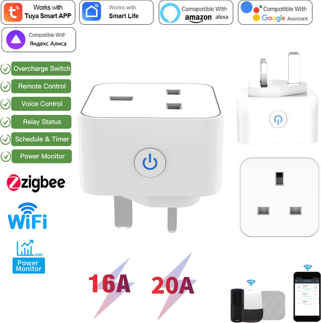 TUYA Smart-Steckdose mit WLAN und Zigbee 3.0, Britischer Standard, Weiß, mit Messfunktion und Alexa Sprachsteuerung - Bild 1