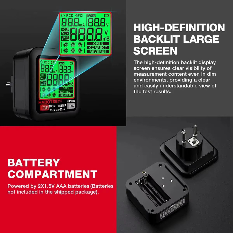 HABOTEST HT97 Digitaler Steckdosentester in Schwarz mit großem Display für EU, US und UK Stecker inklusive RCD und FCI Spannungstest - Bild 2