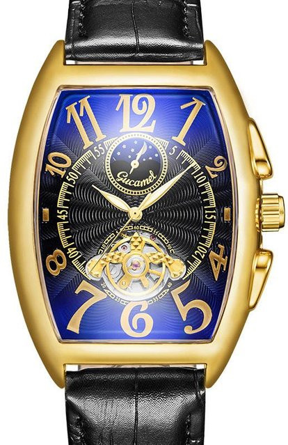 GUCAMEL Armbanduhr Automatik, Tonneau, Edelstahl, Gold, Blau, Herren - Bild 1