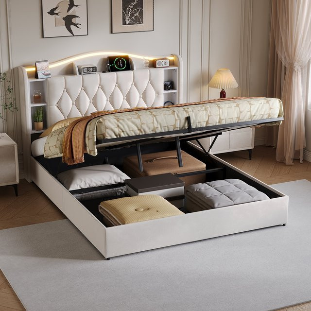 Superaly LED-Doppelbett mit Stauraum und USB-Anschluss, gepolstertes hydraulisches Bett aus Samt in Beige, B/T: 140 x 190 cm - Bild 1