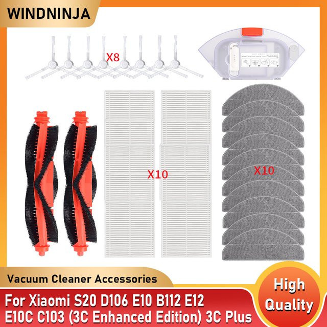 WINDNINJA Ersatzteil-Set für Xiaomi Staubsauger S20 D106 E12 E10 B112 E10C C103 3C Enhanced 3C Plus mit Hauptbürste, Wischtuch und HEPA-Filter - Bild 1