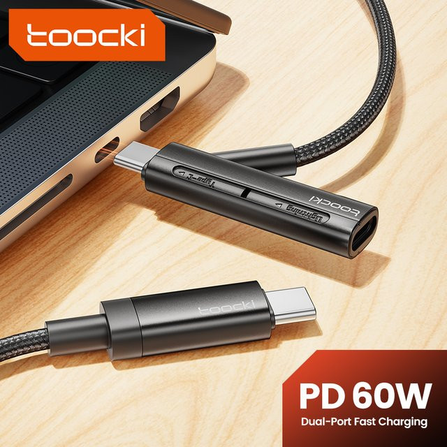 Toocki 2-in-1 USB-C auf Lightning Ladekabel mit OTG-Adapter, PD 60W Schnellladekabel für iPhone und Android, Schwarz - Bild 1