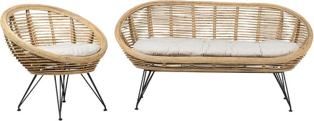 Beliani Sitzgruppe MARATEA in Hellbeige mit Outdoor-Sofa, Lounge-Sesseln und passendem Ottoman aus Rattan und Metall - Bild 1