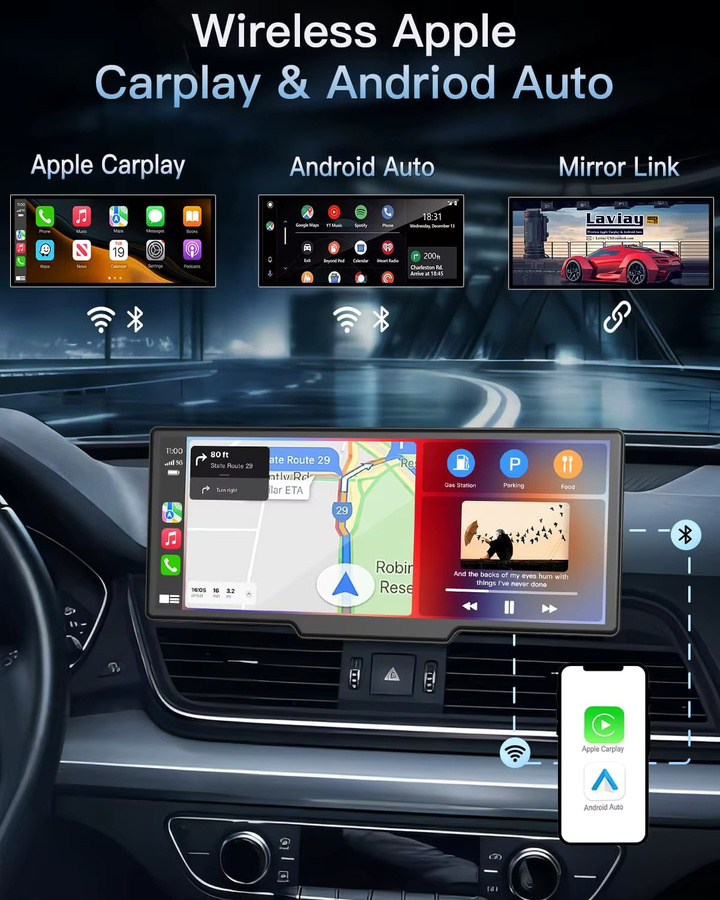 Srnubi Kabelloser Carplay Bildschirm für das Auto mit 7 bis 10,26 Zoll Display, Android Auto Dash Cam mit 4K DVR, 1080P Rückfahrkamera und AUX Anschluss, Schwarz - Bild 2