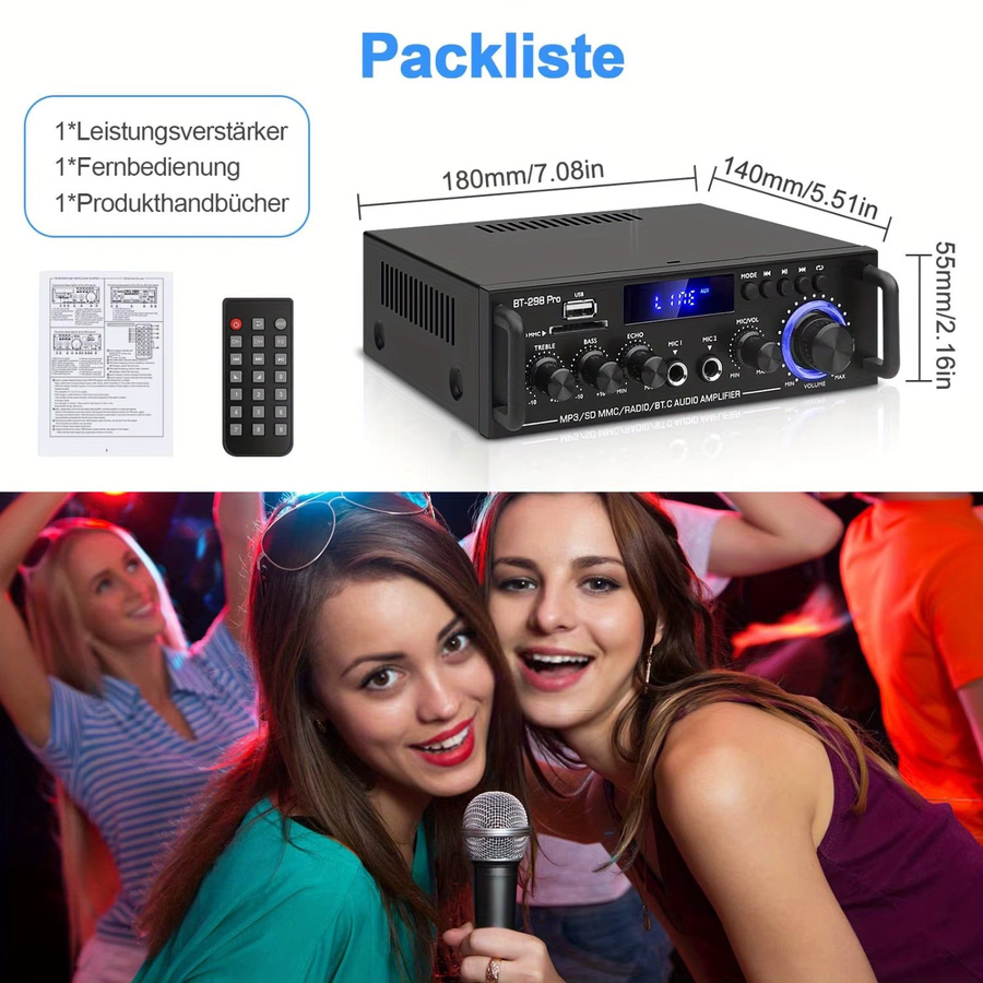 Stereo-Verstärker-Set Zweikanal-Heimverstärker in Schwarz mit Mikrofoneingang, Echo-Effekt, Bass- und Höhenregelung sowie USB, RCA und FM Schnittstellen - Bild 2