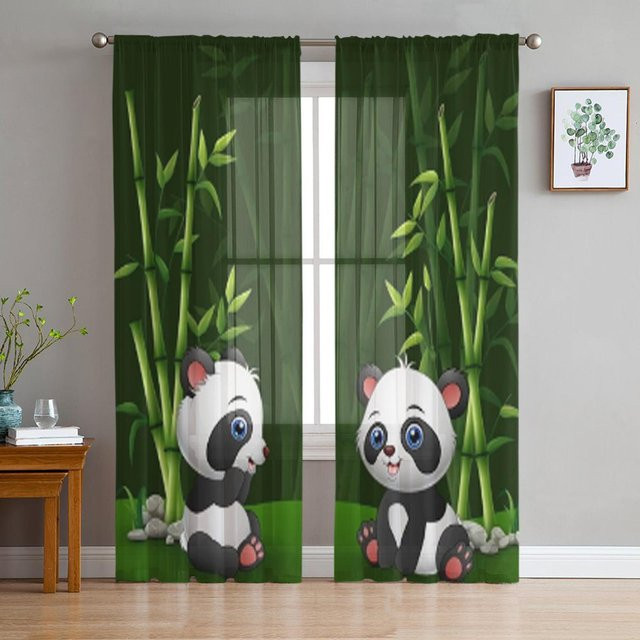 Transparentes Tüll-Vorhang Super Six mit Baby-Panda und Bambus-Motiv, Farbe Grün, Breite: 135 cm, Höhe: 114 cm - Bild 1