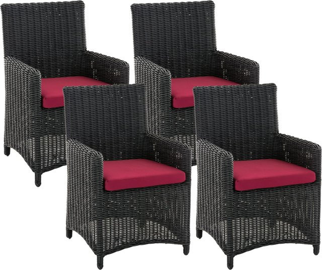 CLP Gartenstuhl 4er Set Fontana, Polyrattan Gartenstühle in Schwarz mit Sitzkissen, Wetterfeste Hochlehner Garten-Sessel mit Armlehnen aus Aluminium und Rattan - Bild 1