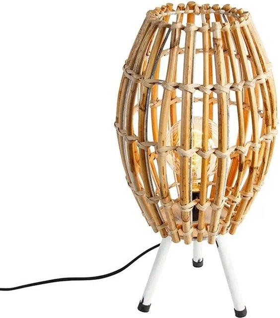 QAZQA Tischlampe im rustikalen Design mit Bambus-Stativ und weißem Capsule-Schirm, E27 - Bild 1