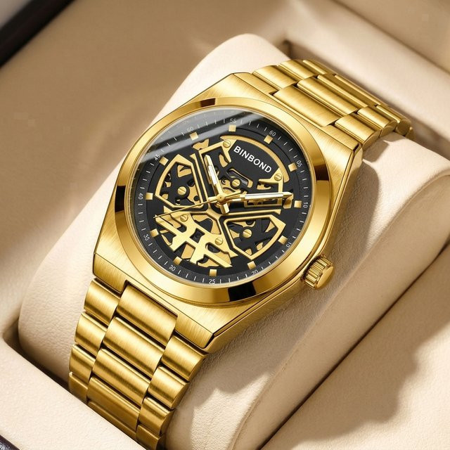 BINBOND Armbanduhr, Quarz, Edelstahl, Gold, Grün, Herren - Bild 1