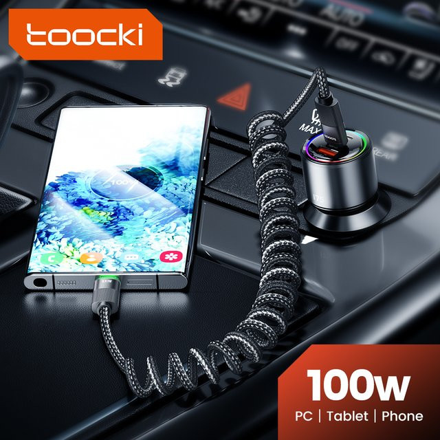 Toocki USB-C auf USB-C Federkabel Schwarz mit PD 100W Schnellladefunktion für iPhone 15 16 Samsung S23 und MacBook - Bild 1