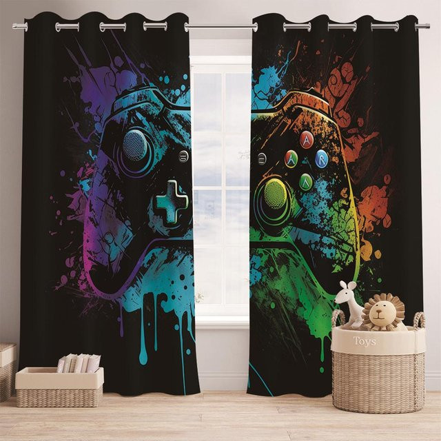 A Family Of Home Textiles Vorhänge Boys Like The Game Controller in Blau und Gelb, halbtransparent mit Ösen, Breite: 100 cm, Höhe: 130 cm - Bild 1