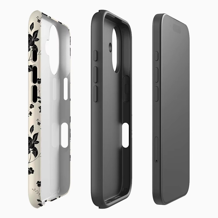 Potdemiel Vintage-Handyhülle mit schwarzem Blumenmuster für iPhone 17 16 15 14 13 12 Pro Max Plus mit doppellagiger Rückseite in Schwarz und Multicolour - Bild 2