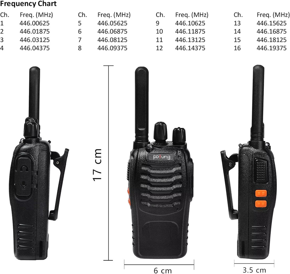 Pofung PT88E Walkie Talkie Set 4 Stück, PMR446 Lizenzfreies Zwei-Wege-Radio mit 16 Kanälen, Farbe: Schwarz, inklusive USB-Ladegerät und Ohrhörern - Bild 2