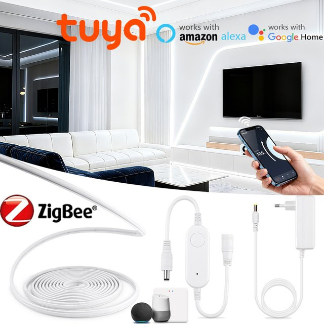 Rybakov COB Neon-LED-Streifen mit Smart Controller, Zigbee 3.0 und Tuya WLAN, selbstklebend, dimmbar, RGB, Farbe: Weiß - Bild 1