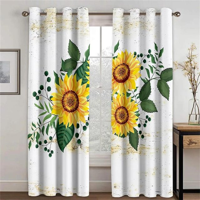 Yiran Furniture Dekorative Sonnenblumen Vorhänge im Vintage Pastoralen Stil, Gelb/Mehrfarbig, 2 Paneele, B: 66 cm, H: 165 cm, inklusive Haken - Bild 1