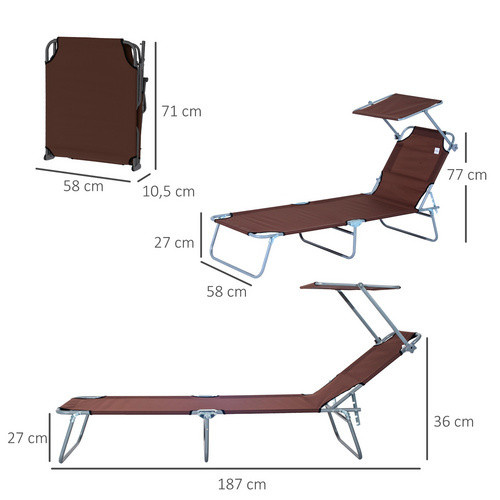 Outsunny Gartenliege aus Metall mit Sonnenbaldachin in Braun, B/H/T: 187 x 36 x 58 cm - Bild 3