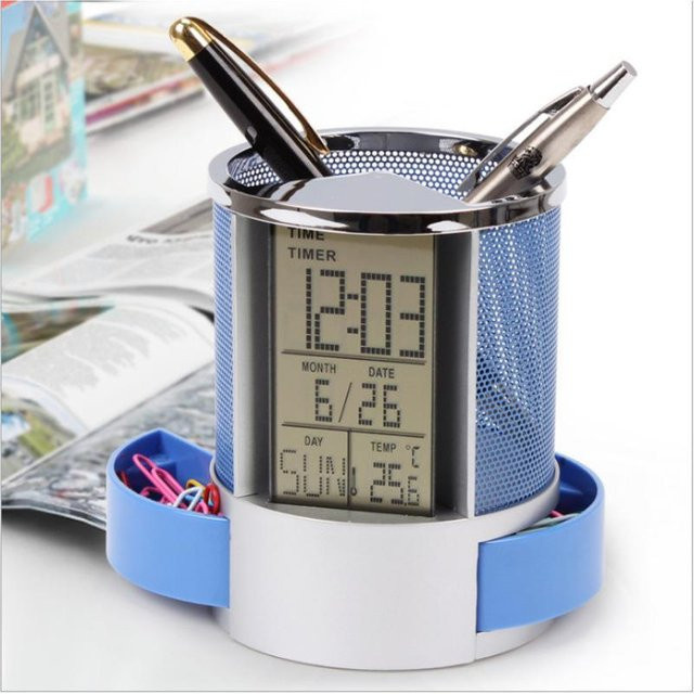 Multifunktionaler Schreibtisch-Organizer von Walk Vogue mit elektronischer Uhr, ewigem Kalender und Stifthalter in Grau - Bild 1