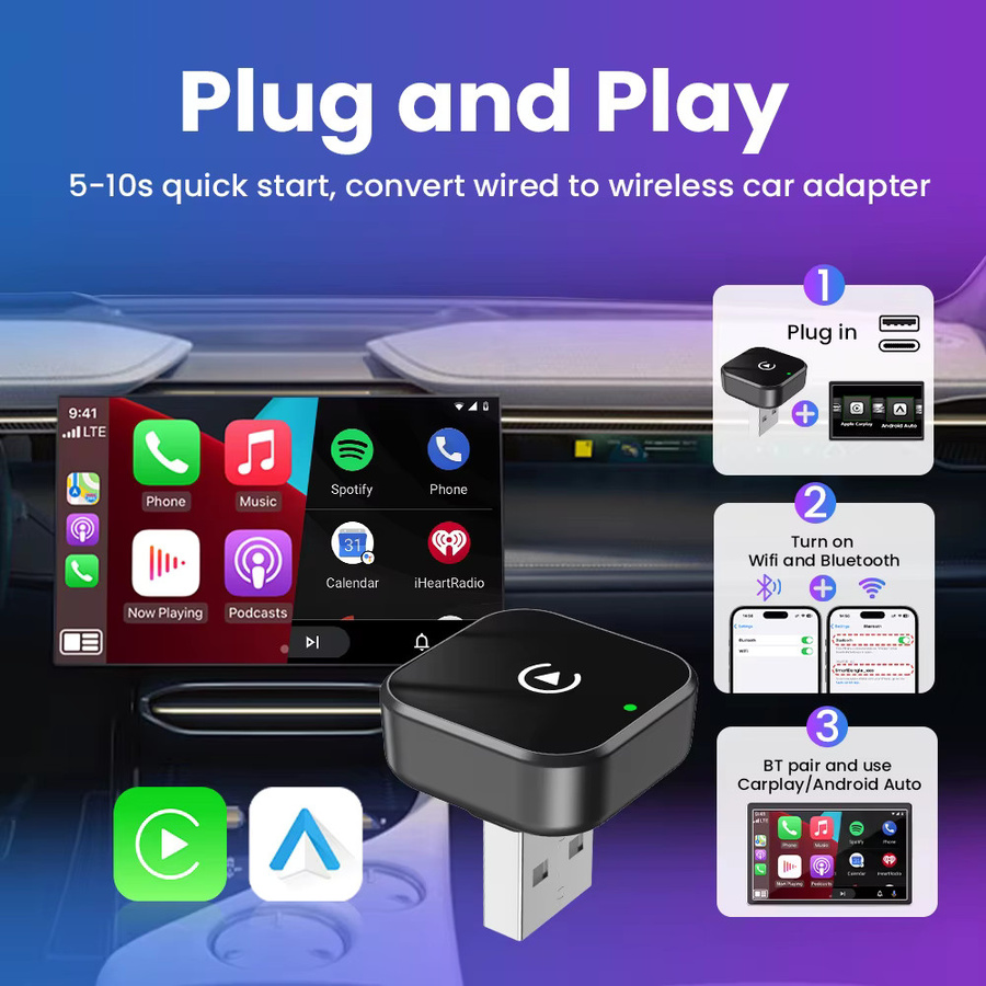 Tripodpie 2-in-1 Kabelloser CarPlay und Android Auto Adapter mit 5GHz WLAN, USB-C und USB-A, Orange - Bild 2