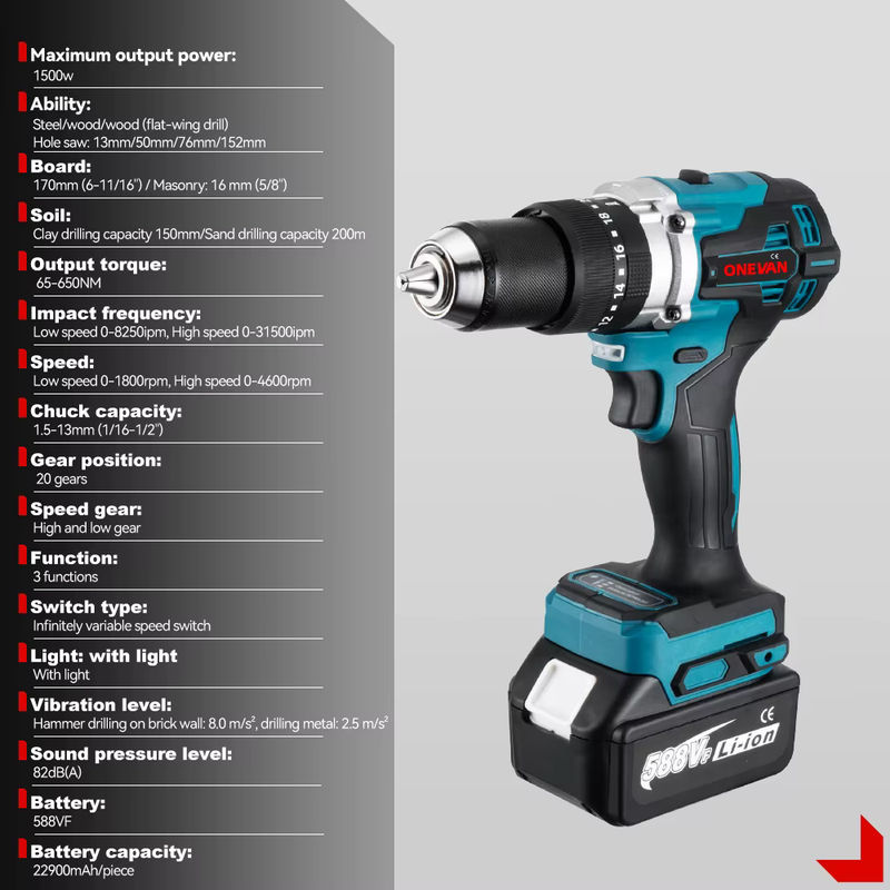 ONEVAN Bürstenlose elektrische Schlagbohrmaschine und Akkuschrauber mit 1500 W und 650 NM, Blau, kompatibel mit Makita LXT Akkus - Bild 5