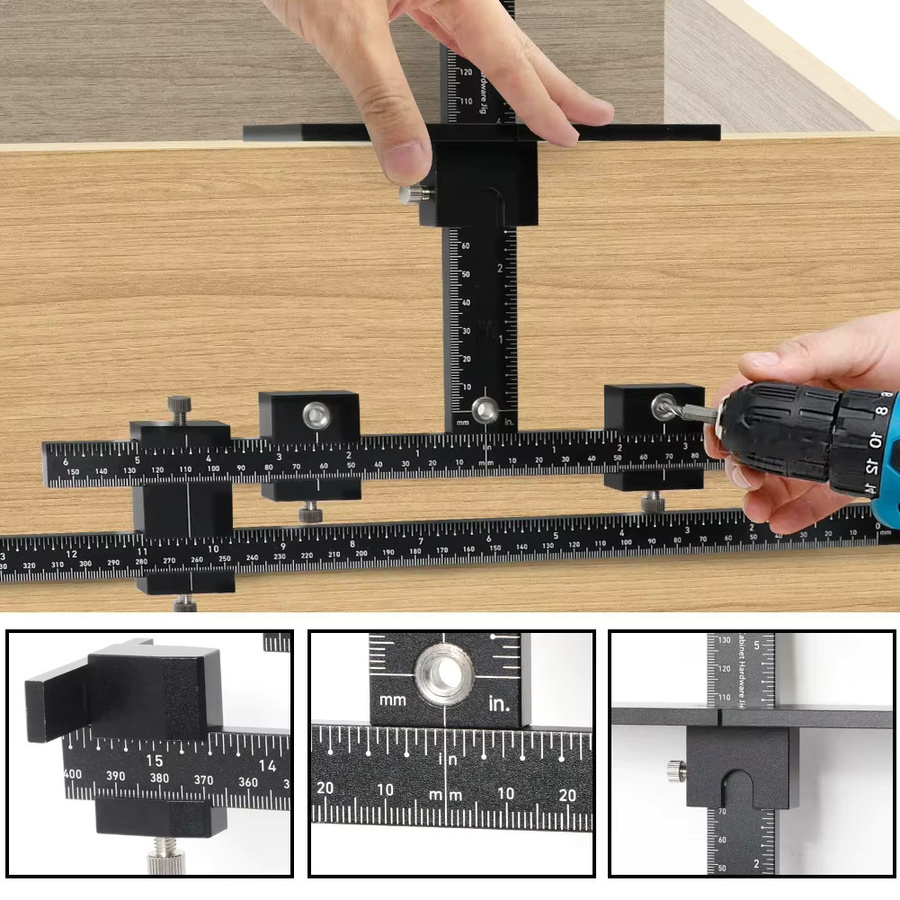 KPXIN Verstellbares Schrank-Hardware-Werkzeug aus Aluminiumlegierung in Schwarz zur Installation von Griffen und Knöpfen an Türen und Schubladen inklusive Bit - Bild 2