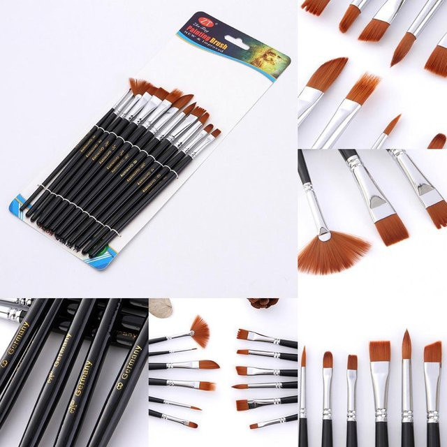 DIYelecs 12er Set Malpinsel mit Nylonhaar und Holzgriff in Schwarz für Gouache, Aquarell und Ölmalerei - Bild 1