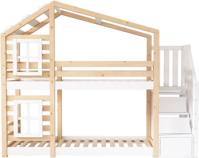 okwish Etagenbett für Kinder mit Stauraum und Treppe in Natur Weiß, B/T/H: 90 x 200 x 193 cm - Bild 1