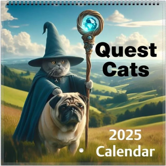 Mittelalterlicher Abenteuer-Katzenkalender 2025 als Wandbehang mit künstlerischen Katzenillustrationen in Mehrfarbig und Weiß - Bild 1