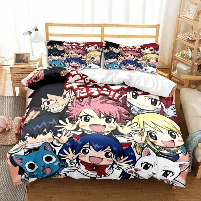 3D Anime Fairy Tail Bettwäscheset aus Mikrofaser, dreiteiliges Set mit Bettbezug und Kissenbezügen, Mehrfarbig, B/H: 70 x 133 cm - Bild 1