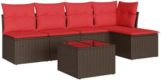vidaXL 6-tlg. Garten-Sofagarnitur in L-Form aus Poly-Rattan mit Kissen und Couchtisch in Braun und Rot - Bild 1