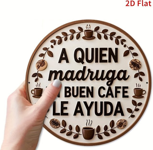 Rundes Vintage-Metallblechschild von Potdemiel mit spanischem Zitat A Quien Madruga Un Buen Cafe Le Ayuda, mehrfarbige Wanddekoration im Bauernhaus-Stil, Durchmesser: 20 cm - Bild 1