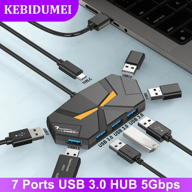 Kebidumei USB-C USB 3.0 Hub Docking Station mit 7 Ports, 5 Gbit/s High Speed Übertragung und PD Netzteil, Schwarz - Bild 1
