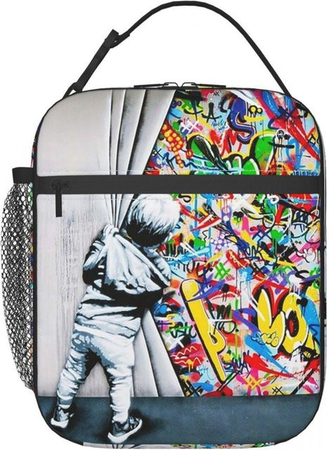 Fancy Style Studio Thermische Lunchtasche Behind The Curtain Boy Banksy Street Art Motiv für Kinder, Mehrfarbig - Bild 1