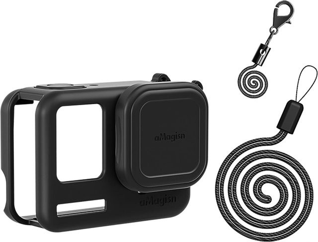 aMagisn AC08 Silikon-Kameraschutzset für Insta360 Ace inklusive Kameraschutzhülle, Objektivabdeckung und 2 Riemen in Schwarz - Bild 1