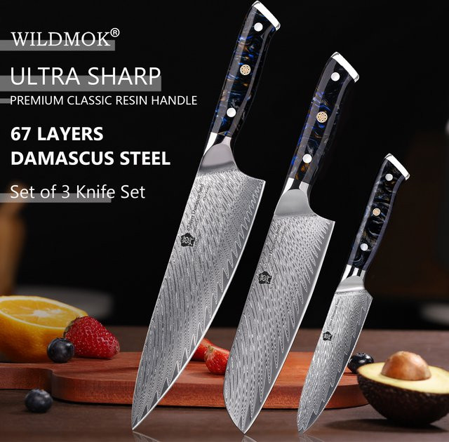 WILDMOK 3-teiliges Damaskus-Küchenmesser-Set aus VG10-Stahl mit Harzgriff in Schwarz - Bild 1