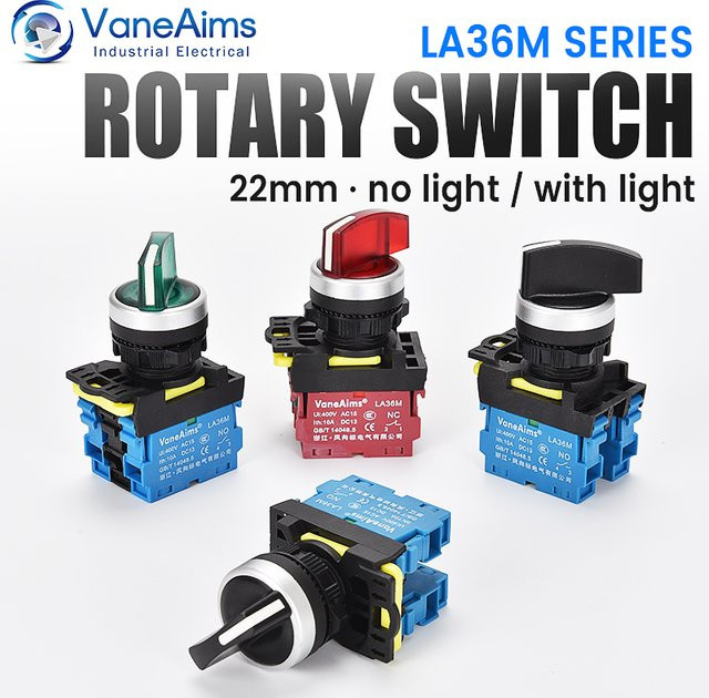 VaneAims Drehschalter LA36M mit LED-Licht in Grün, 22 mm, für 12 V, 24 V und 220 V, Start-Stopp-Schalter mit 2 oder 3 Positionen - Bild 1