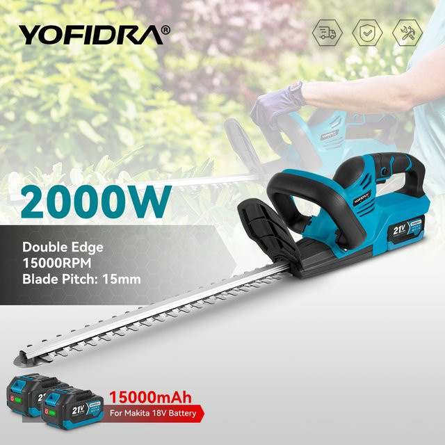 YOFIDRA Elektrische Heckenschere mit 2000W für Makita LXT Akkus, Blau, Akku-Gartengerät zum Beschneiden von Sträuchern und Hecken - Bild 1