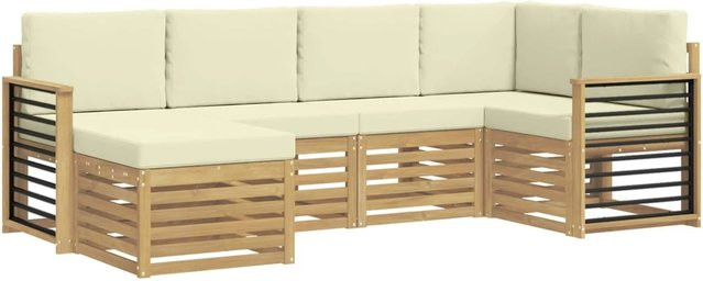 vidaXL Outdoor-Sofagarnitur 6-teilig in L-Form aus Akazienholz mit Polsterkissen in Weiß und Beige - Bild 1