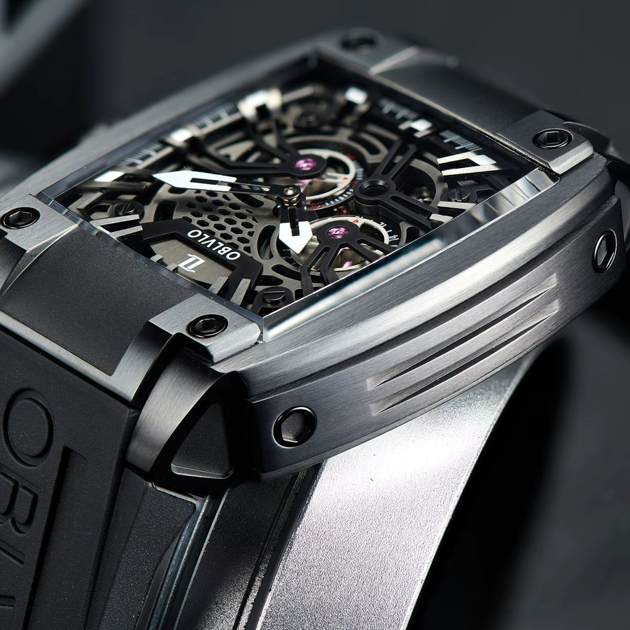 OBLVLO Armbanduhr Automatik, Tonneau, Edelstahl, Schwarz, Kautschuk, Herren - Bild 3