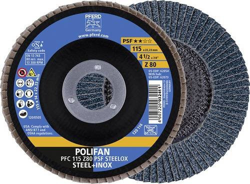 PFERD POLIFAN PSF STEELOX Fächerscheibe für Stahl und Edelstahl, Durchmesser: 115 mm, Bohrung: 22,23 mm - Bild 1