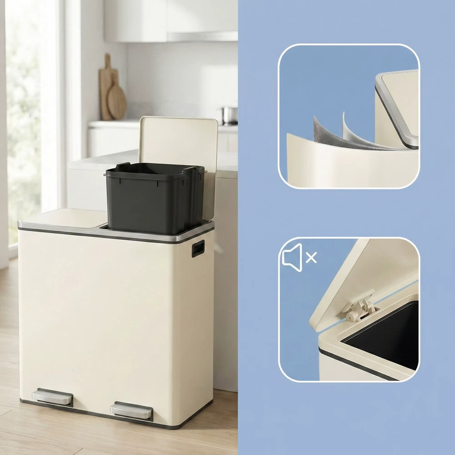 Songmics Mülleimer mit 2 Fächern als Treteimer aus Metall in Beige, Volumen: 2 x 30 Liter, B/T/H: 60,0 x 30,0 x 62,4 cm - Bild 2