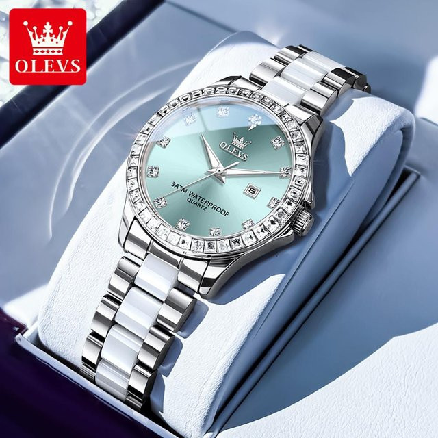 OLEVS Armbanduhr Damen, Quarz, Keramik, Edelstahl, Blau, Silber, Diamantbesetzt - Bild 1
