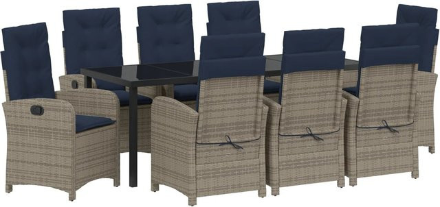 vidaXL Garten Essgruppe aus Poly Rattan in Grau, 9-teiliges Set mit rechteckigem Tisch für Außenbereich und Balkon - Bild 1